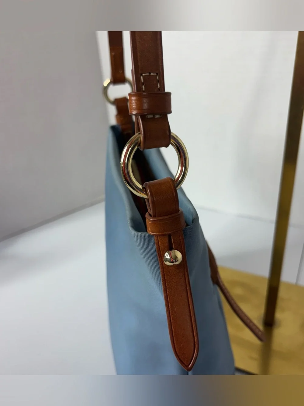 Dooney & Bourke Sky Blue Nylon  Crossbody with Brown Trim and Adjustable Strap